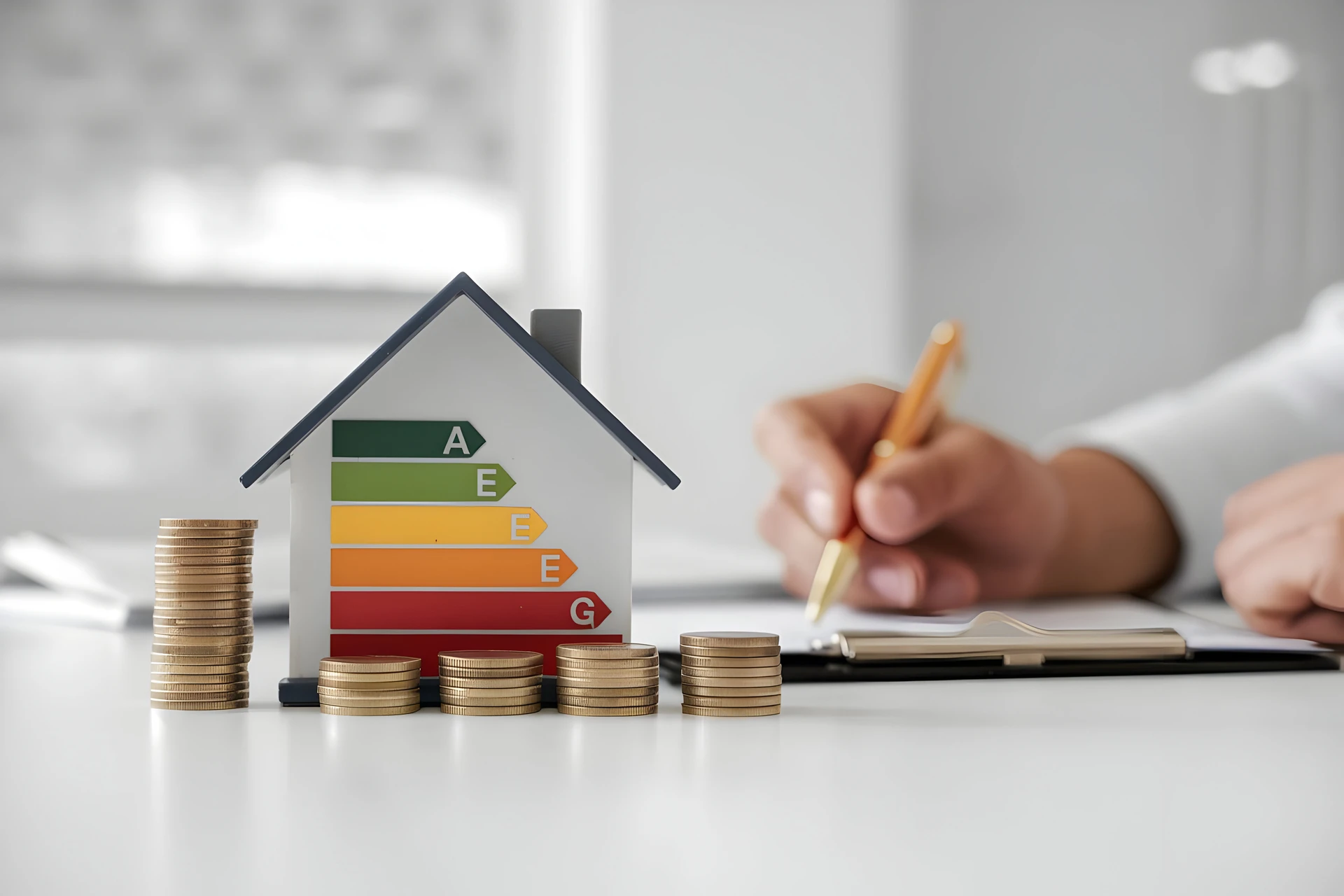 energy-efficiency-house-model-financial-planning-sustainable-living-with-coins-table